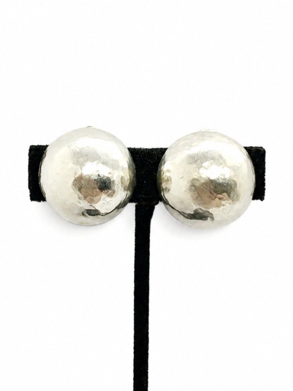 VINTAGE DOME EARRINGS Hammered Silver Tone Large Button Clip On Modernist